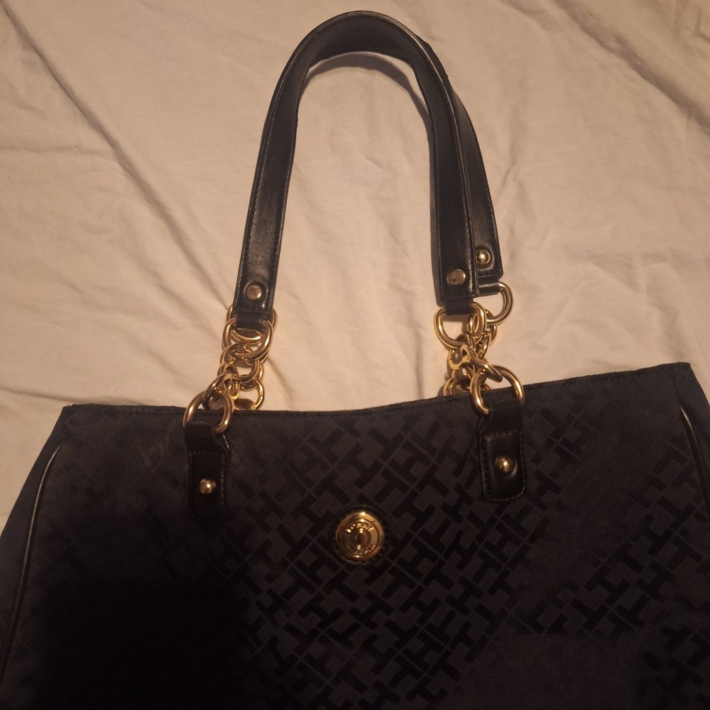 Tommy Hilfiger Black Monogram Jacquard Tote Bag Shoulder Purse Gold Hardware...